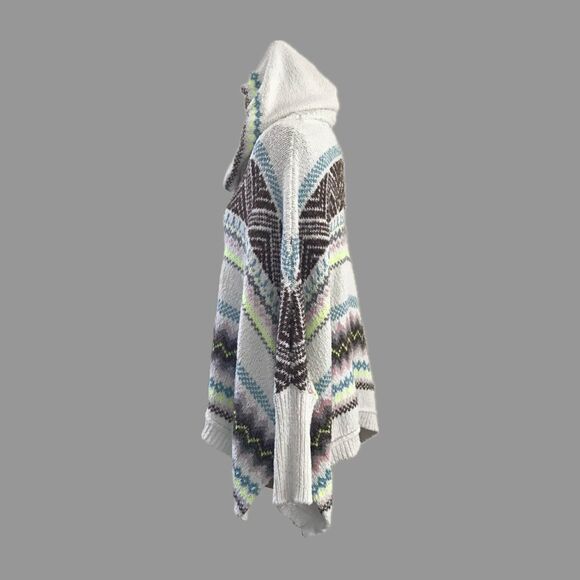Anthropologie Ivory Fair Isle Chunky Knit Hooded Poncho Sweater XS S - Picture 3 of 8